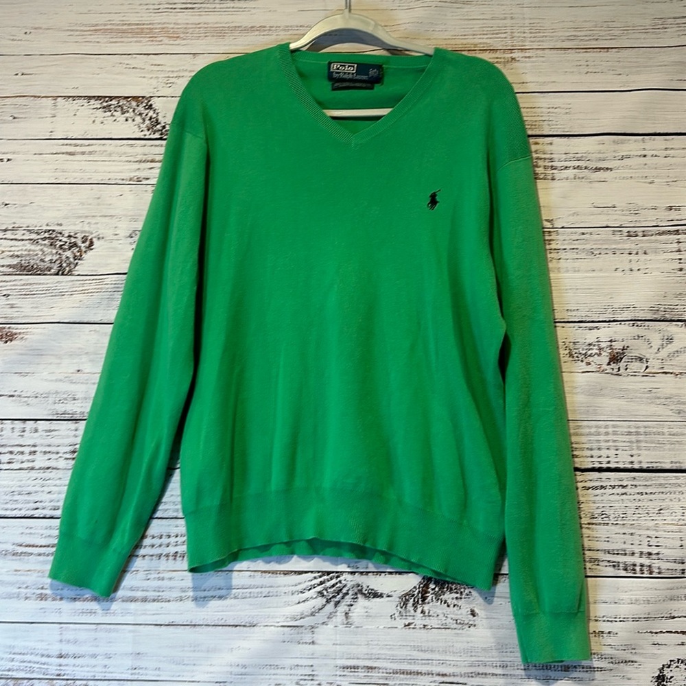 Polo by Ralph Lauren Men's V-Neck Sweater in Bright Green with Navy Pony
